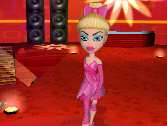 Kristy has blonde hair worn in a bun with a pink bow. Her eyes are blue and she is wearing blue eyeshadow and pink lipstick. She is wearing a pink dress, long gloves, and pink leggings. She is walking down a runway. She has white skin.